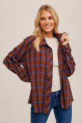 Purple Plaid Button Down Raw Edge Maternity Flannel Top