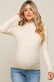 Cream Textured Knit Ruffle Mock Neck Maternity Top