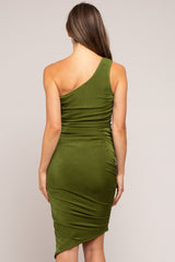 Olive One Shoulder Asymmetrical Hem Maternity Midi Dress