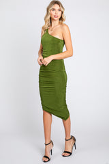 Olive One Shoulder Asymmetrical Hem Midi Dress