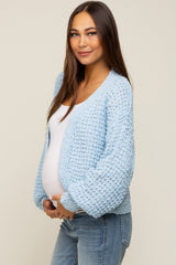 Light Blue Cropped Chunky Open Knit Maternity Cardigan