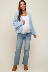 Light Blue Cropped Chunky Open Knit Maternity Cardigan