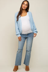 Light Blue Cropped Chunky Open Knit Maternity Cardigan