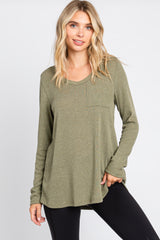 Olive Ribbed Knit Long Sleeve Top