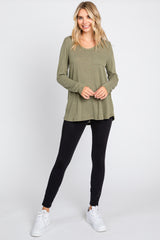 Olive Ribbed Knit Long Sleeve Top