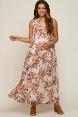 Cream Floral Chiffon Ruffle V-Neck Sleeveless Maternity Maxi Dress