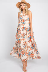 Cream Floral Chiffon Ruffle V-Neck Sleeveless Maternity Maxi Dress