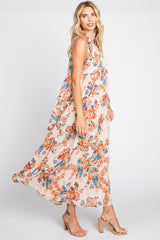 Cream Floral Chiffon Ruffle V-Neck Sleeveless Maxi Dress