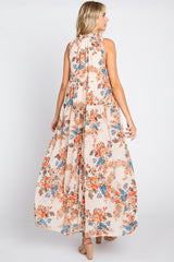 Cream Floral Chiffon Ruffle V-Neck Sleeveless Maxi Dress