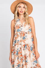 Cream Floral Chiffon Ruffle V-Neck Sleeveless Maxi Dress