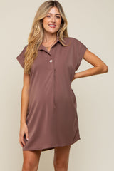 Mocha Collared Button Front Maternity Dress