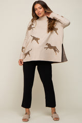 Beige Animal Print Side Slit Maternity Sweater