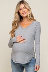 Heather Grey Long Sleeve Knit Curved Hem Maternity Top