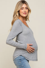 Heather Grey Long Sleeve Knit Curved Hem Maternity Top