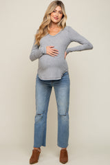 Heather Grey Long Sleeve Knit Curved Hem Maternity Top