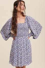 Denim Flower Print Smocked Square Neck Long Sleeve Dress