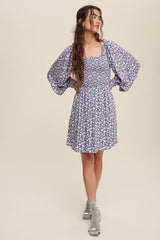 Denim Flower Print Smocked Square Neck Long Sleeve Dress