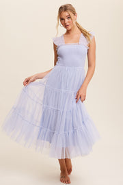 Light Blue Smocked Ruffle Tiered Mesh Midi Dress