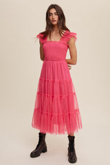 Hot Pink Smocked Ruffle Tiered Mesh Midi Dress