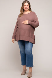 Mocha Dolman Sleeve Side Slit Maternity Plus Sweater