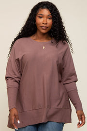 Mocha Dolman Sleeve Side Slit Plus Sweater