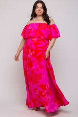 Red Floral Ruffle Off Shoulder Maternity Plus Maxi Dress