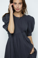 Gray Puff Elbow Sleeve Flare Baby Doll Dress