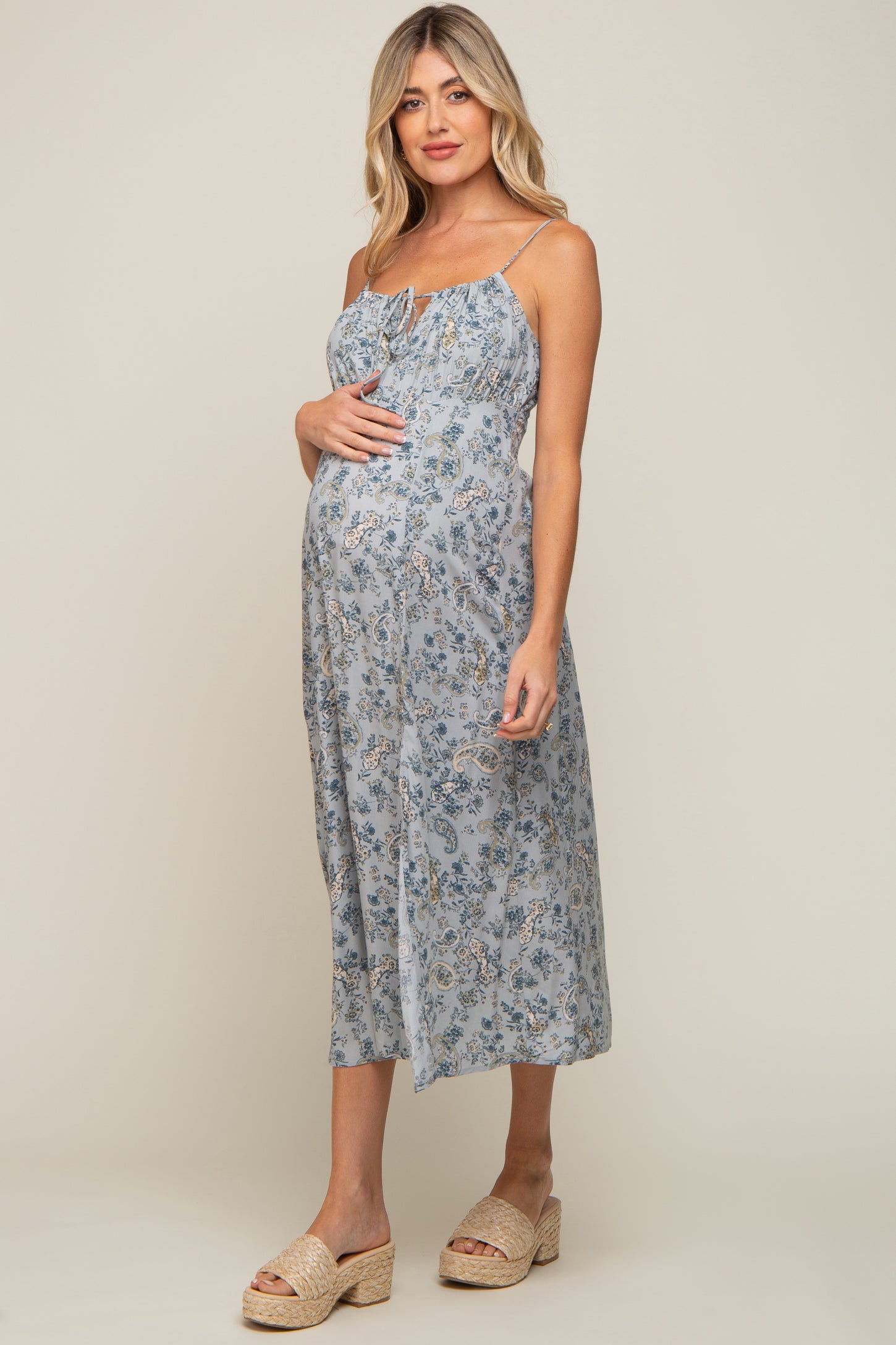 Light Blue Paisley Front Tie Maternity Midi Dress – PinkBlush