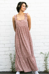 Pink Floral Ruffle Trim Maxi Dress