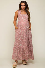 Pink Floral Ruffle Trim Maternity Maxi Dress