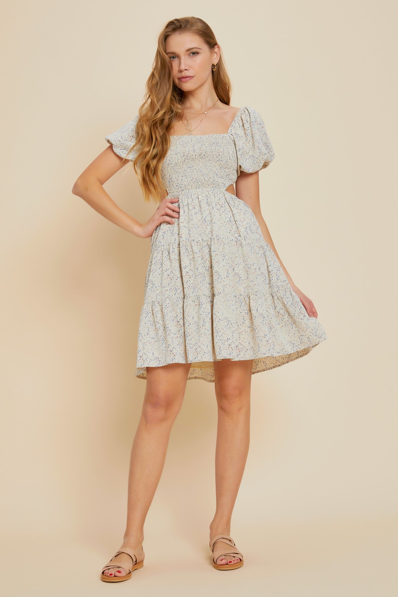 Women's High Neck Embroidered Mini Dress in Cream Floral