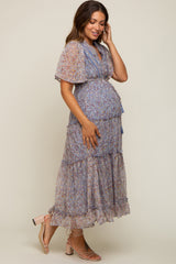 Blue Floral Button Top Ruffle Tiered Maternity Midi Dress