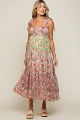 Mauve Multicolor Floral Tiered Maternity Midi Dress