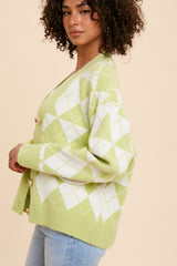 Light Olive Argyle Button Front Cardigan