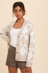 Beige Argyle Button Front Maternity Cardigan