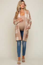 Taupe Plaid Shawl Maternity Cardigan