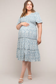 Blue Floral Tiered Maternity Plus Midi Dress