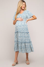 Light Blue Floral Tiered Maternity Midi Dress