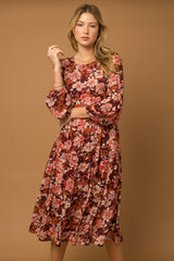 Burgundy Floral Tiered Long Sleeve Midi Dress