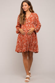 Rust Floral Button Front Tiered Maternity Dress