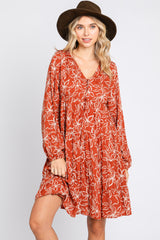 Rust Floral Button Front Tiered Maternity Dress