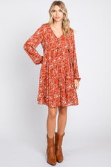 Rust Floral Button Front Tiered Dress