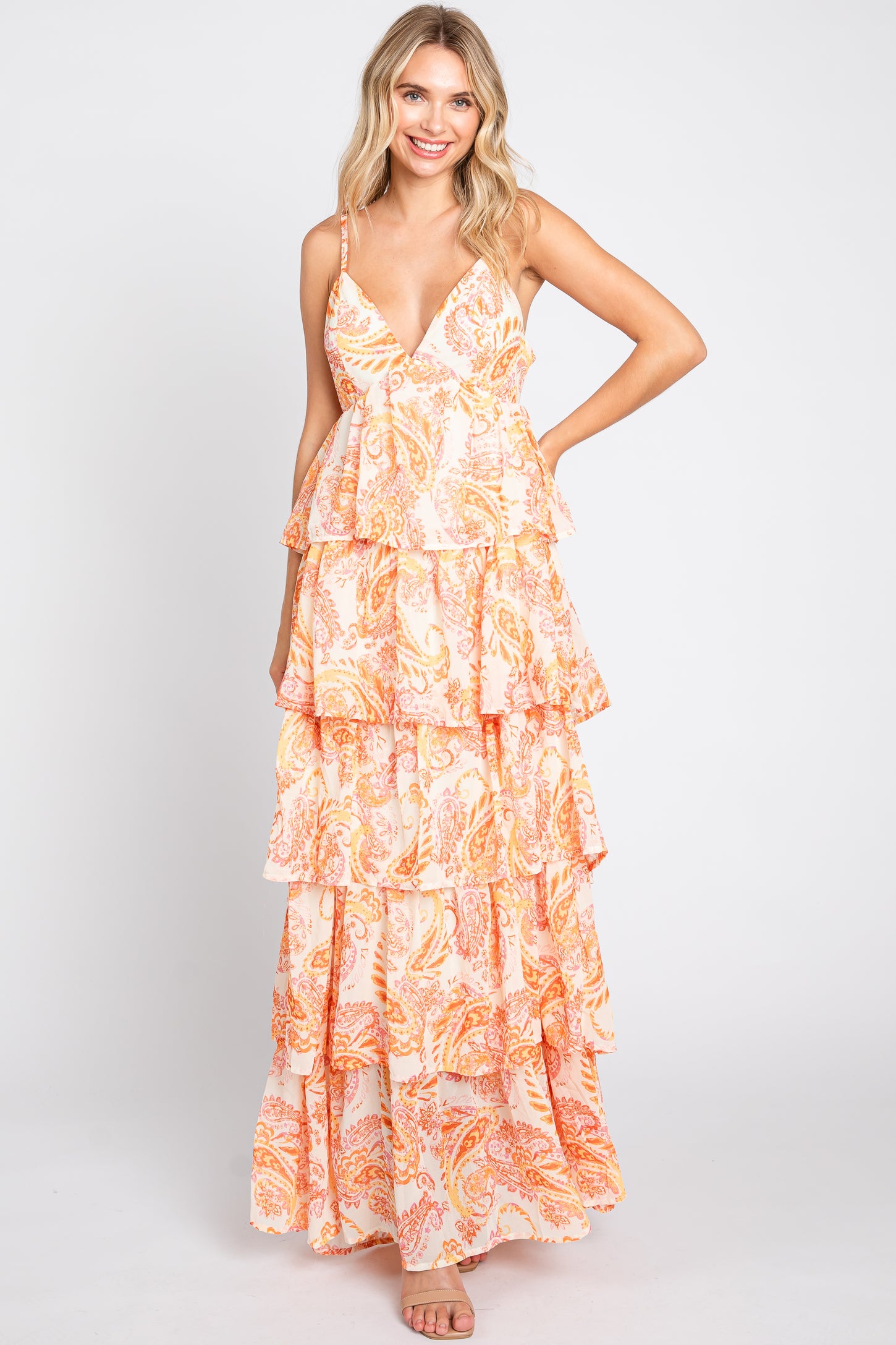 Back Ribbon Floral Tiered Long Dress