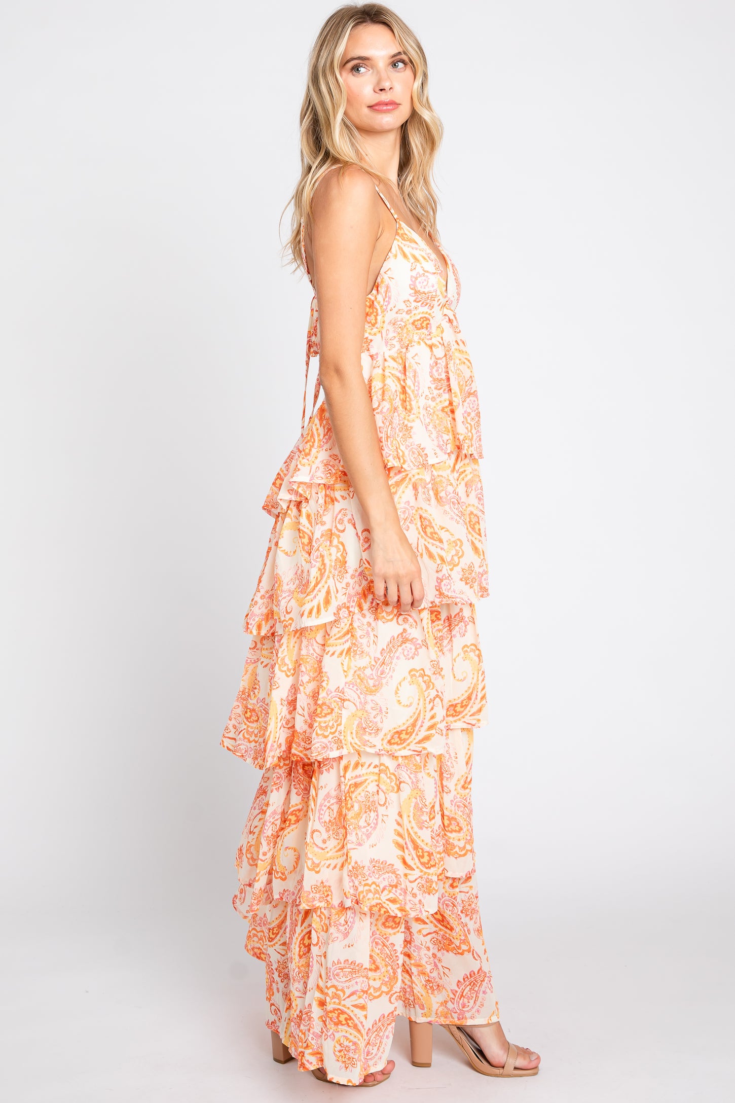 Back Ribbon Floral Tiered Long Dress
