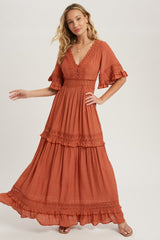 Rust V Neck Lace Trim Maxi Dress