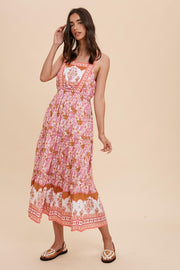 Pink Multi Floral Border Print Tiered Midi Dress