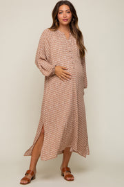 Mauve Button Down 3/4 Sleeve Maternity Midi Dress