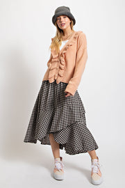 Black Plaid Ruffle Midi Skirt