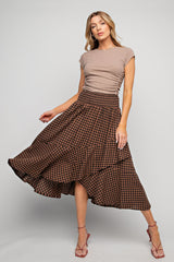 Brown Plaid Ruffle Maternity Midi Skirt