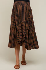 Brown Plaid Ruffle Maternity Midi Skirt